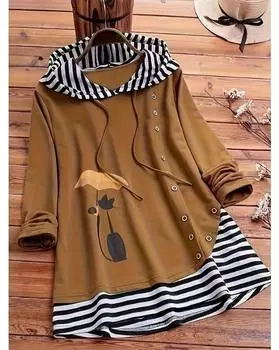 Повседневный топ больших размеров, женская толстовка с длинными рукавами и пуговицами с принтом в виде кошек и полосок, слегка эластичная толстовка с завязками 1XL коричневый