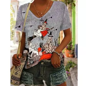 Повседневный топ на Хэллоуин больших размеров, женская футболка с коротким рукавом и V-образным вырезом, слегка эластичная S