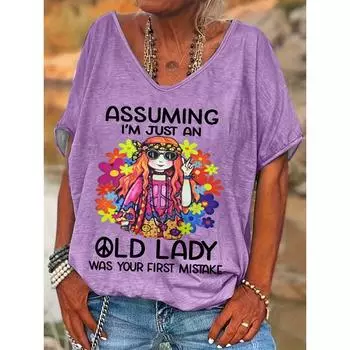Повседневный топ - яркая хиппи-девушка и 3D-принт с надписью, короткий рукав, V-образный вырез, средняя эластичность, свободный крой, стильные футболки 1XL