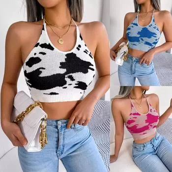 Повседневный топ с бретелькой на талии с коровьим узором и свитер с обнаженным пупком S белый