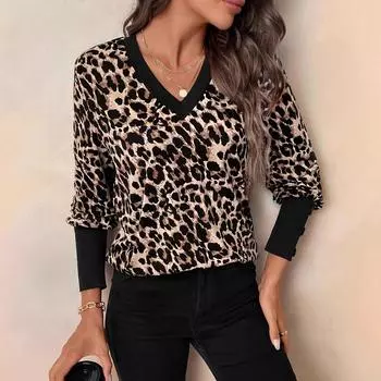 Повседневный топ с длинными рукавами и V-образным вырезом с леопардовым принтом для женщин S