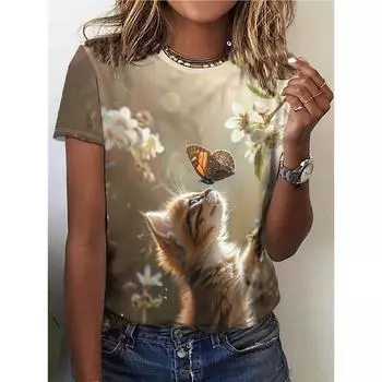 Повседневный топ с коротким рукавом и круглым вырезом с запахом кошек и бабочек на весну и лето, женская одежда S