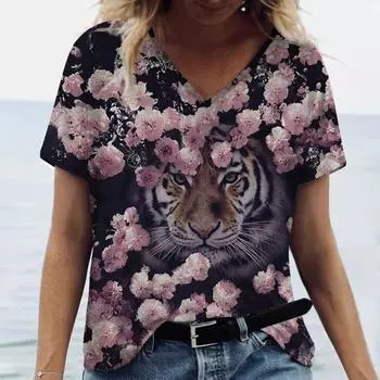 Повседневный топ с коротким рукавом и v-образным вырезом, модная женская футболка большого размера с цветочным принтом, женские летние свободные топы с 3D принтом XL