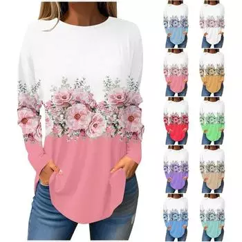 Повседневный топ с круглым вырезом и длинным рукавом, цветочная модная женская футболка большого размера с 3D-принтом, женские осенние свободные топы S