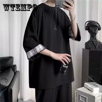 Повседневный топ с рукавом три четверти Весенний, летний и осенний тренд, универсальная клетчатая футболка с круглым вырезом и половиной рукава XXXXXL белый