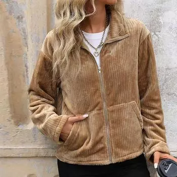 Повседневный тренд, универсальная куртка на осень и зиму, лацкан, плюшевый карман, молния, однотонное пальто S