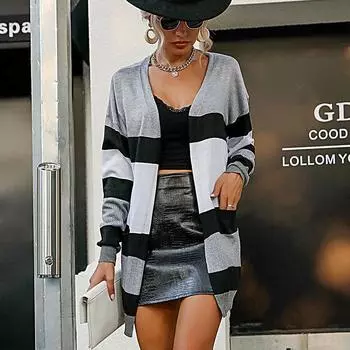 Повседневный тренд, универсальная осенняя новая женская полосатая куртка с длинными рукавами, свитер S серый