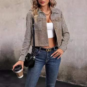 Повседневный тренд, универсальная осенняя женская короткая куртка с лацканами в клетку для птиц S