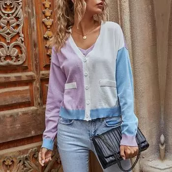 Повседневный тренд Универсальные осенние повседневные женские куртки с длинными рукавами Цветные блоки свитер Кардиган Короткий раздел S
