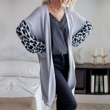 Повседневный тренд, универсальный, осень-зима, Ближний Восток, женский вязаный кардиган, свитер, куртка с леопардовым принтом S серый