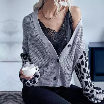 Повседневный тренд, универсальный, осенне-зимний, модный, женский, с длинными рукавами, леопардовый свитер, пальто, женский S серый