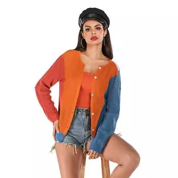 Повседневный тренд, универсальный, осенний, цветной, контрастный, с круглым вырезом, с длинным рукавом, свободный, двухсторонний, вязаный свитер, куртка для женщин S