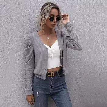 Повседневный тренд, универсальный, осенний, Ins Style, тренд, V-образный вырез, однотонный, трикотажный свитер с длинным рукавом, короткая куртка для женщин S светло-серый