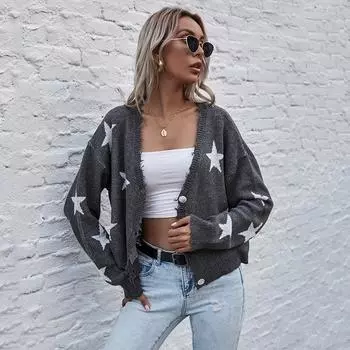 Повседневный тренд, универсальный, осенний, ленивый ветер, длинный рукав, узор в виде звезды, трикотажная короткая куртка для женщин S темно-серого