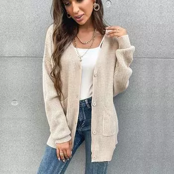 Повседневный тренд, универсальный, осенний, однотонный, с V-образным вырезом, карманом на пуговицах, кардиган, вязаный свитер, куртка для женщин S хаки