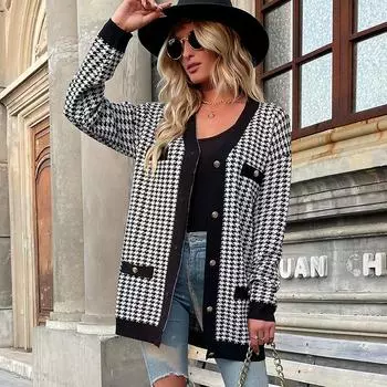 Повседневный тренд, универсальный, популярный, повседневный, осенне-зимний, женский свитер с длинными рукавами и принтом «птичья клетка» S