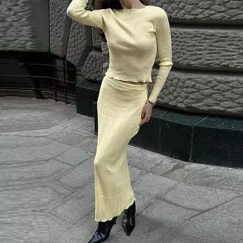 Повседневный трикотажный свитер, юбка, комплект, женский, тонкий, с круглым вырезом, с длинным рукавом, эластичная юбка на бедрах, осенний новый женский элегантный наряд 2024 года S жёлтый