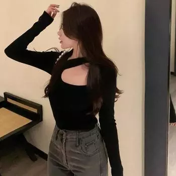 Повседневный уличный стиль, универсальный, ретро, тонкий, асимметричный, однотонный, с длинными рукавами XL