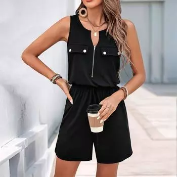 Повседневный универсальный летний комбинезон без рукавов с карманами на молнии Medium чёрный