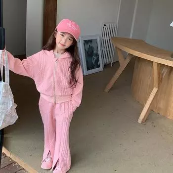 Повседневный универсальный трикотажный свитер с капюшоном для девочек на весну и осень 90cm розовый