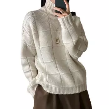 Повседневный универсальный вязаный базовый свитер осень-зима однотонный свободный клетчатый свитер с высоким воротом для женщин пуловер One Size(40-65kg)