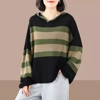 Повседневный универсальный женский вязаный свитер в полоску с капюшоном, женские свободные свитера в стиле ретро, длинный рукав, пуловер, топ One Size