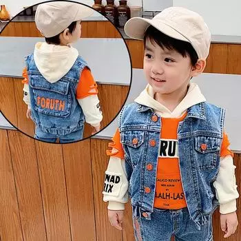 Повседневный Весна Осень Детские Мальчики Девочки Джинсы Детский Джинсовый Жилет Толстовка Три Предмета Комплекты Для Детей 130cm синий