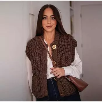 Повседневный винтажный вязаный жилет женский с круглым вырезом и карманом без рукавов вязаный свитер осень-зима однотонный однобортный жилет M темно-коричневого