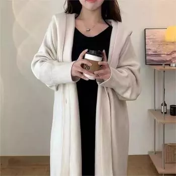 Повседневный вязаный длинный кардиган с капюшоном для женщин, корейский свободный однотонный однобортный свитер, женская весенне-осенняя элегантная повседневная верхняя одежда One Size коричневый