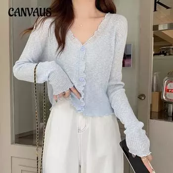 Повседневный вязаный кардиган из ледяного шелка с солнцезащитным кремом, блузка, женские летние тонкие модели, шаль с длинными рукавами, короткая маленькая куртка Tide One Size синий