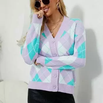 Повседневный вязаный кардиган с геометрическим принтом, осенне-зимний контрастный свитер, пальто, универсальный свитер с длинными рукавами и v-образным вырезом, куртка 30099 One Size орион