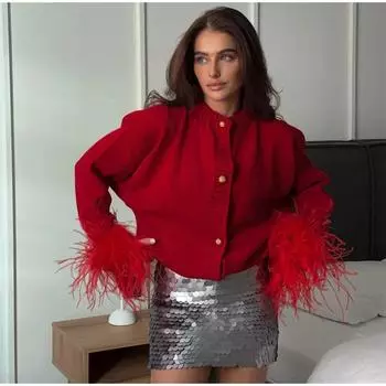 Повседневный вязаный кардиган с перьями, женский свободный однобортный свитер в стиле пэчворк с длинным рукавом, осенний женский уличный трикотаж 2024 года S чёрный