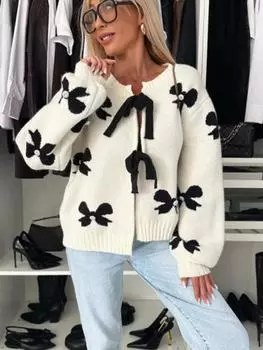 Повседневный вязаный кардиган с принтом банта, женский свитер со шнуровкой, открытым О-образным вырезом и длинным рукавом, женские свитера S белый