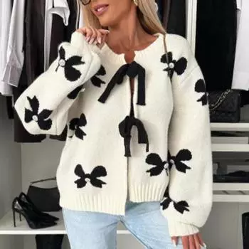 Повседневный вязаный кардиган с принтом банта, женский свитер со шнуровкой, открытым О-образным вырезом и длинным рукавом, женские свитера S белый