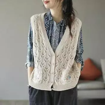 Повседневный вязаный кардиган с вышивкой и цветком, жилет-жилет, женская майка на весну и осень, свободный жилет в форме сердца One Size синий