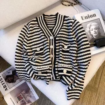 Повседневный вязаный кардиган в стиле ретро, женский топ 2023, весенний топ в полоску, короткий дизайн, свитер, кардиган с длинными рукавами, свитер, женское пальто