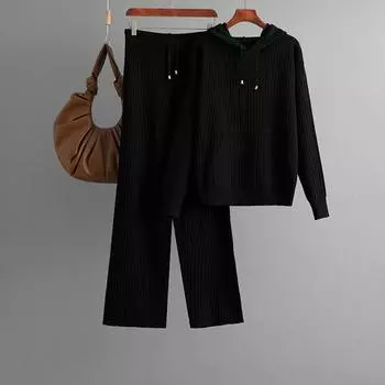 Повседневный вязаный комплект Женский осенне-зимний вязаный свитер с капюшоном Комплект из двух предметов OneSize чёрный