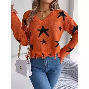 Повседневный вязаный пуловер с v-образным вырезом и звездами с длинными рукавами S оранжевый
