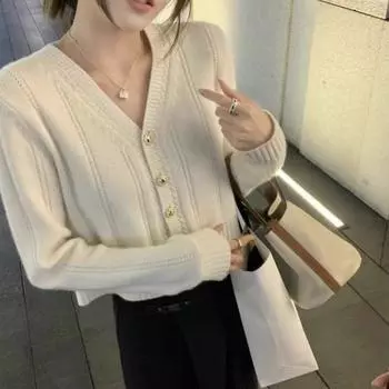 Повседневный вязаный свитер с v-образным вырезом, кардиган, женское пальто, весна 2023, французский уникальный однотонный короткий свитер с длинными рукавами, женский топ