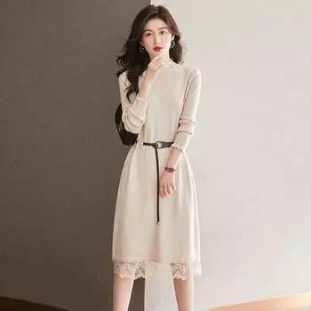 Повседневный вязаный свитер, женский осенне-зимний однотонный свитер с длинным рукавом и мозаикой, кружевной, с круглым вырезом, женский свитер с длинными рукавами