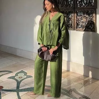 Повседневный зеленый кружевной ажурный костюм с рубашкой, женские свободные рубашки с расклешенными рукавами, широкие брюки, женский летний комплект большого размера XS зелёный