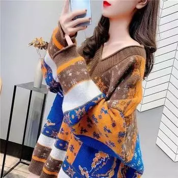 Повседневный жаккардовый пуловер для женщин, осень-зима 2022, средней длины, свободный узор, вязаный свитер, женский пуловер One Size темно-коричневого