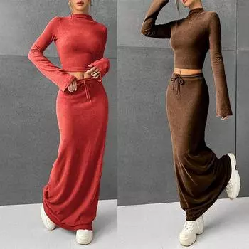 Повседневный женский комплект из двух юбок, футболка с длинным рукавом и резинкой на талии, длинная юбка, уличный наряд на осень S серый