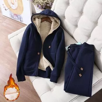 Повседневный женский костюм осень-зима плюс бархатный утолщенный простой однотонный тонкий длинный рукав с капюшоном короткая куртка спортивные штаны XXXL чёрный