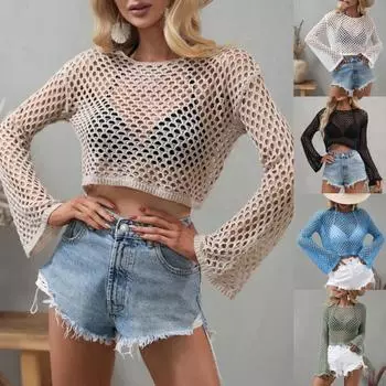 Повседневный женский купальник с рыбной сеткой, простой укороченный топ чистого цвета для вечеринки XL синий