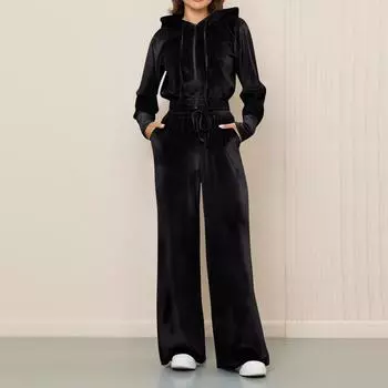 Повседневный женский однотонный кардиган на молнии, толстовка, брюки, комплект из двух предметов L чёрный