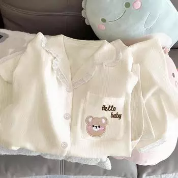 Повседневный женский пижамный комплект с кружевом на пуговицах и лацканами, дизайн пижамного комплекта, весенняя мода на открытом воздухе, милый медведь, домашняя одежда M бежевый