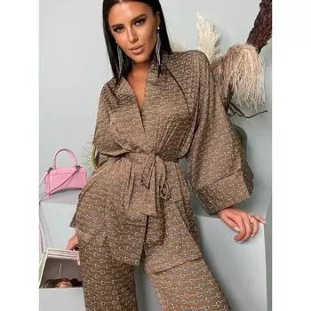 Повседневный женский пижамный комплект с принтом, свободный халат на шнуровке, ночная рубашка с отложным воротником, брюки с высокой талией, одежда для сна, женский костюм S коричневый