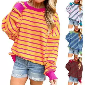 Повседневный женский полосатый контрастный длинный рукав свитер женский теплый свитер S розовый