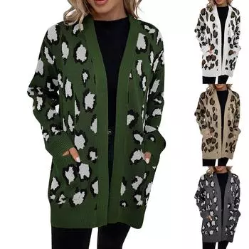 Повседневный женский повседневный свитер с карманом и леопардовым принтом контрастного цвета, женская куртка L хаки